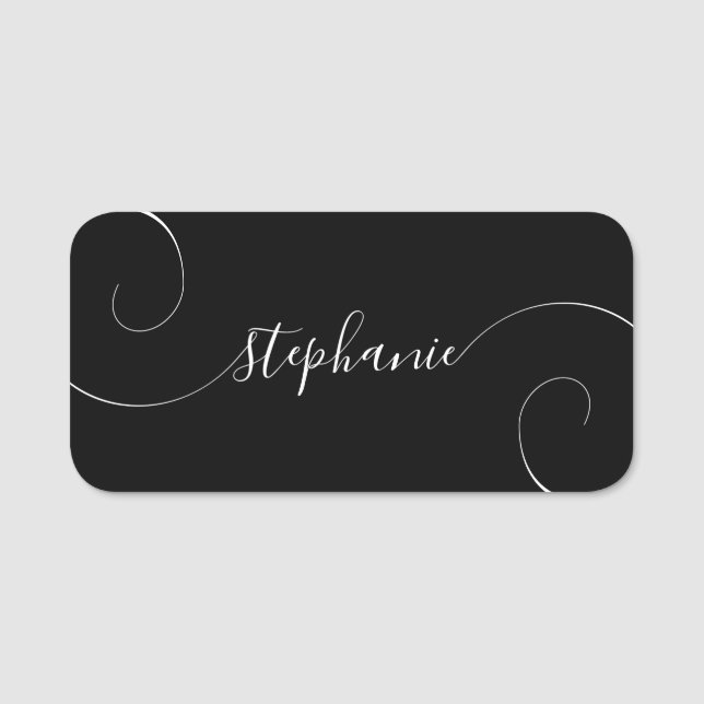Porte-nom Noir et Blanc Écriture Élégante et Bouclée (Devant)