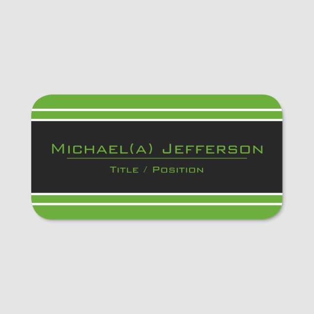 Porte-nom Noir et vert brillant avec des rayures blanches :  (Devant)
