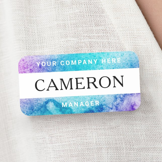 Porte-nom Nom de couleur aquarelle violette et aqua, titre e (Purple aqua watercolor name, title and company name tag)