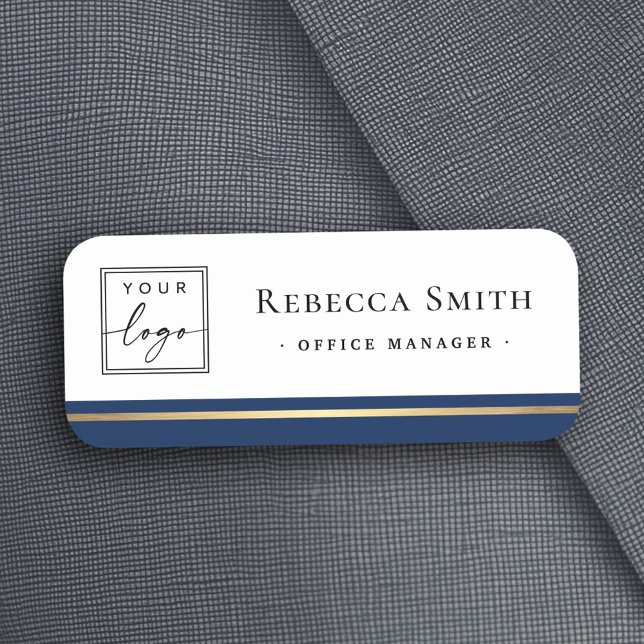 Porte-nom Nom du logo titre bordure bleu foncé blanc moderne (Logo name title dark blue border white modern name tag)
