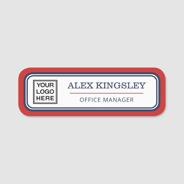 Porte-nom Nom et titre de la bordure Navy Blue Rouge & Logo (Devant)