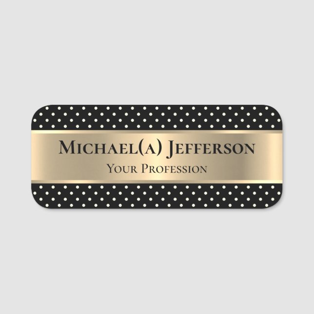 Porte-nom Or Métallique De Luxe Et Pois Blancs Sur Noir (Devant)