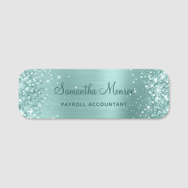 Porte-nom Pailleté Turquoise Pâle Feuille (Devant)