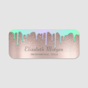 Porte-nom Paillettes arc-en-ciel tendance en gouttes,Or rose