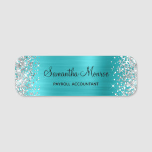 Porte-nom Paillettes Argentées Bleu Turquoise Métallisé
