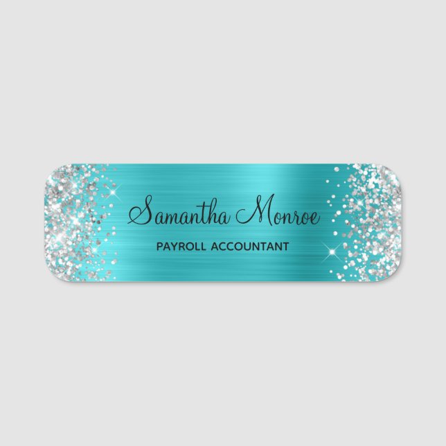 Porte-nom Paillettes Argentées Bleu Turquoise Métallisé (Devant)