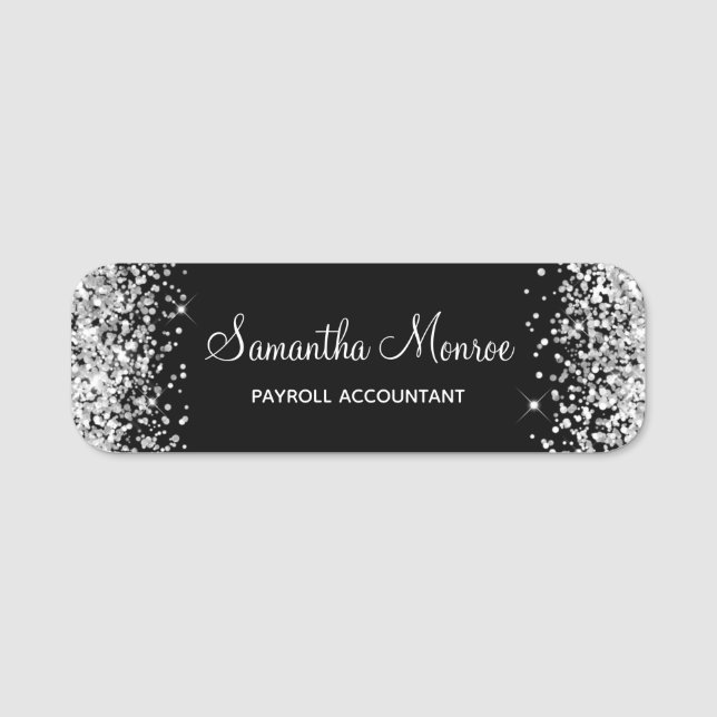 Porte-nom Paillettes argentées et noir (Devant)