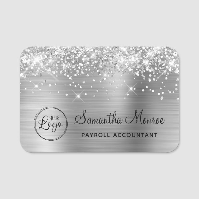 Porte-nom Paillettes et feuille d'argent avec logo (Devant)