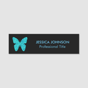 Porte-nom Papillon bleu turquoise sur Arrière - plan noir