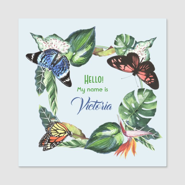 Porte-nom Papillons et Feuilles tropicaux Aquarelle (Devant)