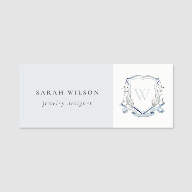 Porte-nom Pastel Blue Fleur sauvage Aquarelle Crest Monogram (Devant)