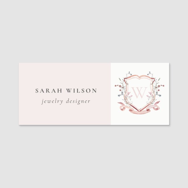 Porte-nom Pastel Rose Fleur sauvage Aquarelle Crest Monogram (Devant)