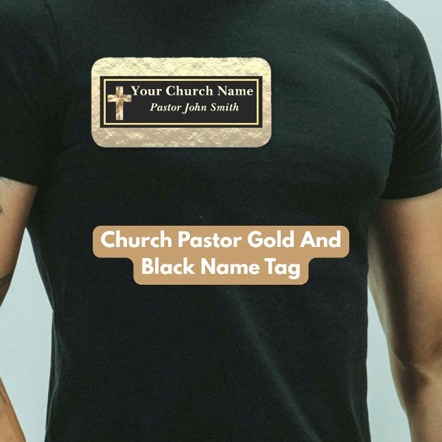 Porte-nom Pasteur Eglise Or et noir (Church Pastor Gold And Black Name Tag)