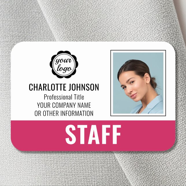 Porte-nom Photo de logo d'employé personnalisé rose magnétiq (Créateur téléchargé)