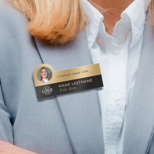 Porte-nom Photo ID Logo Moderne Faux Gold Black Professional (Créateur téléchargé)