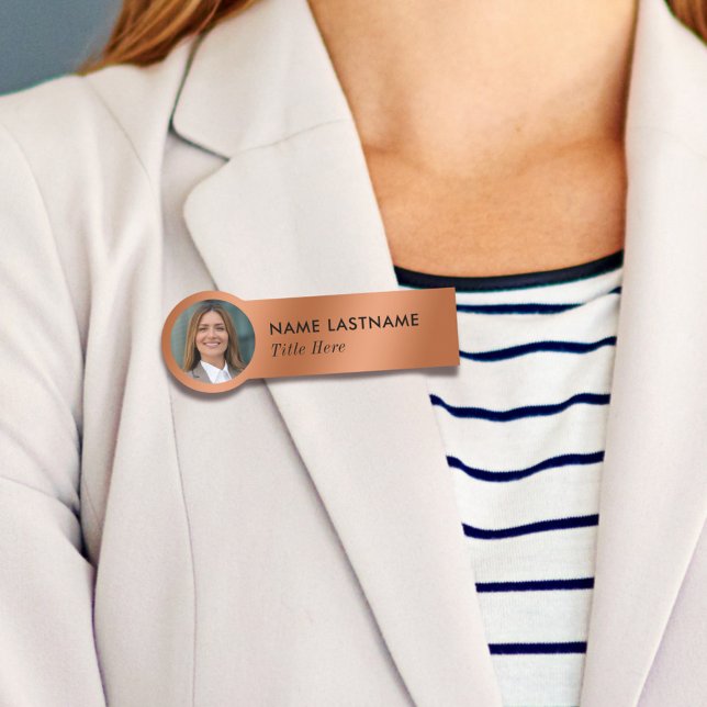 Porte-nom Photo ID Simple Sleek Faux Copper Business (Créateur téléchargé)