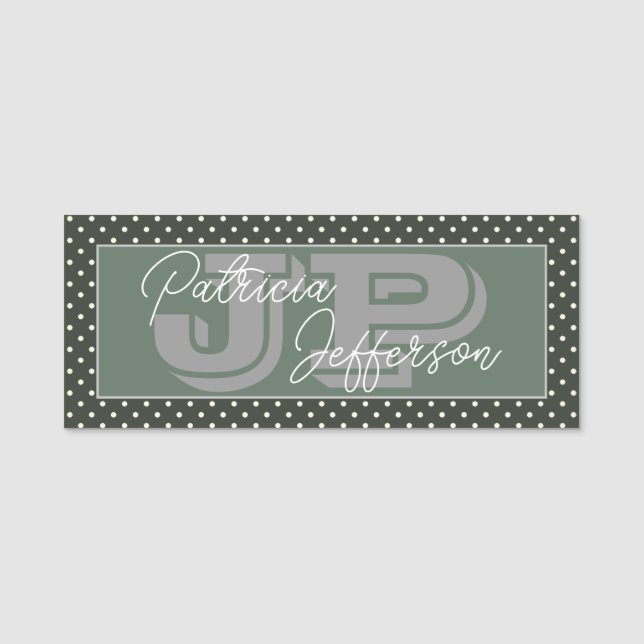 Porte-nom Pois blancs verts modernes : Élégant Monogramme (Devant)