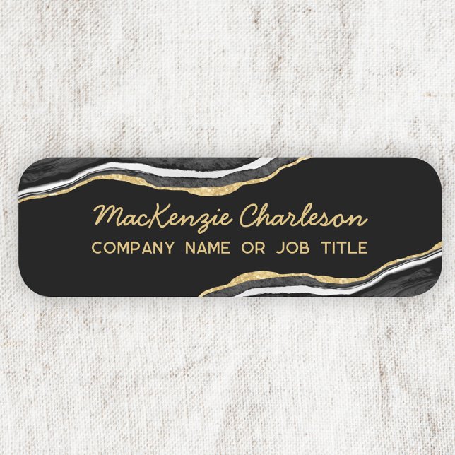 Porte-nom Porte en marbre noir Parties scintillant en or (Black marble agate geode gold effect modern script font business name badge or tag)