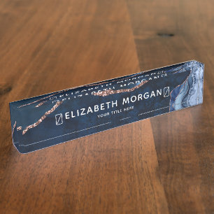 Porte-nom Pour Bureau Agate Marbre Bleu Rose Or Foil Moderne Élégant
