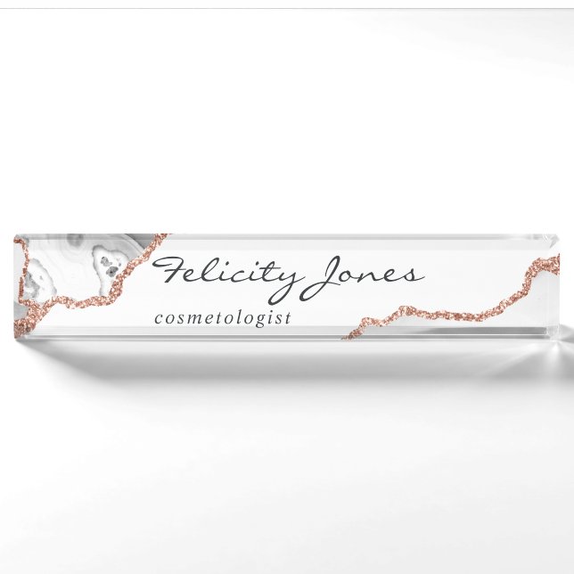 Porte-nom Pour Bureau Agate or rose gold et blanc (Devant)