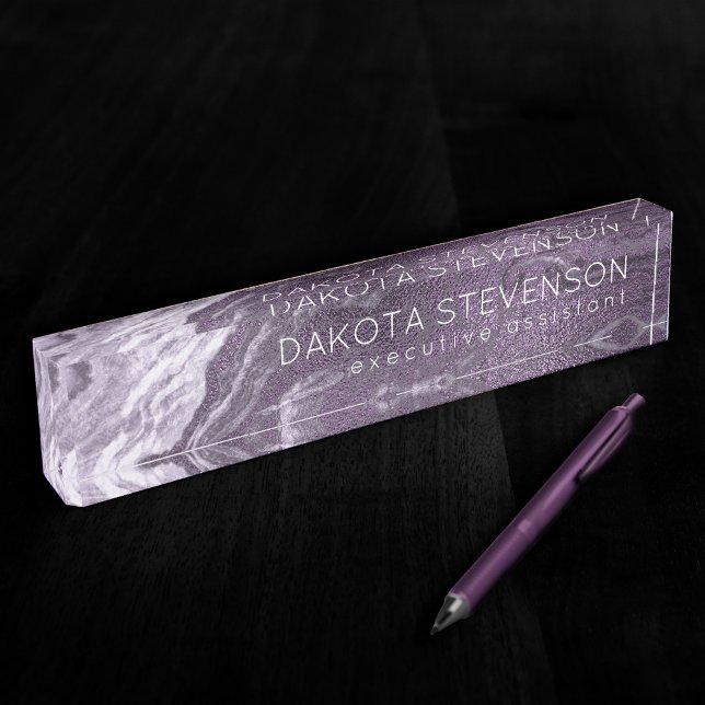 Porte-nom Pour Bureau Agate violette cristallisée | Moody Marbled Stone (Créateur téléchargé)