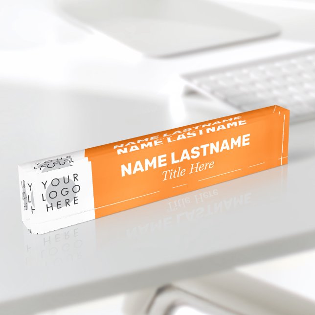 Porte-nom Pour Bureau Ajouter Logo Nom Moderne Titre Simple Bright Orang (Cover photo for a bold modern stylish orange name plate with a custom logo)