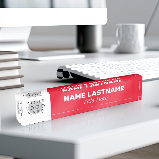 Porte-nom Pour Bureau Ajouter Logo Nom moderne Titre Simple Bright Red (Créateur téléchargé)