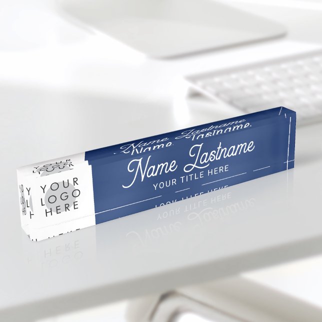 Porte-nom Pour Bureau Ajouter Logo Script Calligraphie Titre Marine Blue (Créateur téléchargé)