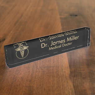 Porte-nom Pour Bureau Ajouter Votre Nom Médicale Caduceus Symbole Black