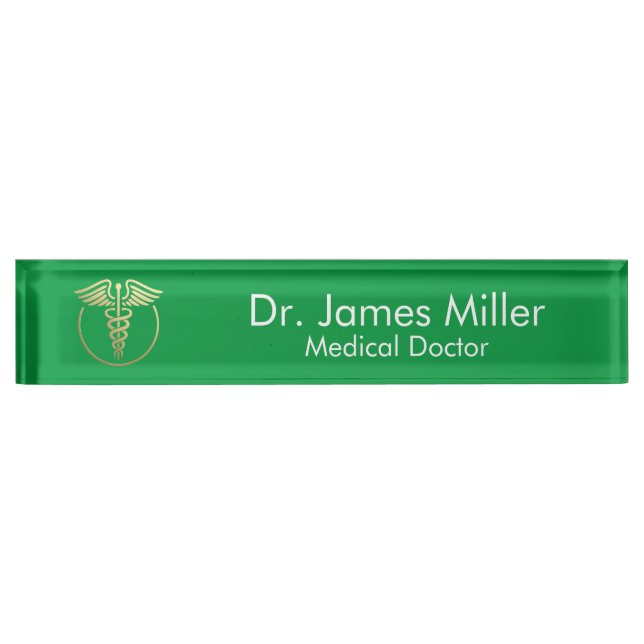 Porte-nom Pour Bureau Ajouter Votre Nom Médicale Caduceus Symbole Vert (Devant)