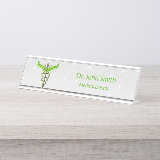 Porte-nom Pour Bureau Alternative Médicale Caduceus Vert Feuilles Blanc (Devant)