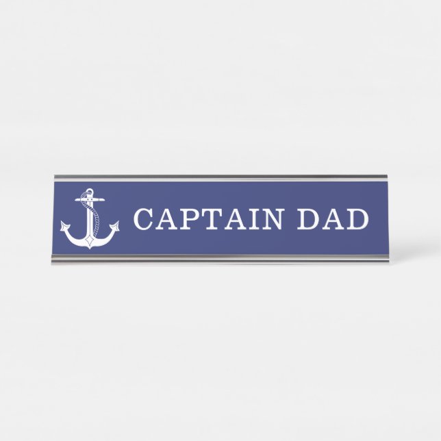 Porte-nom Pour Bureau Ancre nautique Capitaine Papa Marine Bleu blanc (Devant)