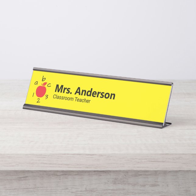 Porte-nom Pour Bureau Apple ABC 123 Teacher's Name and Job Title (Devant)
