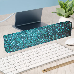 Porte-nom Pour Bureau Aqua bleu brillant faux paillettes scintillent