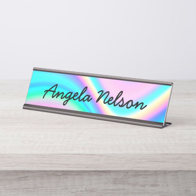 Porte-nom Pour Bureau Aqua Pink Iridescent Rainbow Wave (Devant)