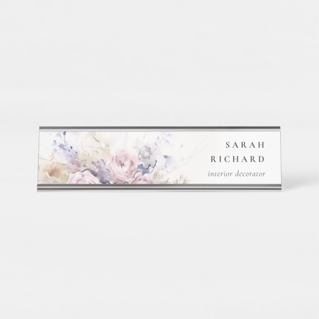 Porte-nom Pour Bureau Aquarelle Abstraite Lilac Rose Floral Bunch (Devant)