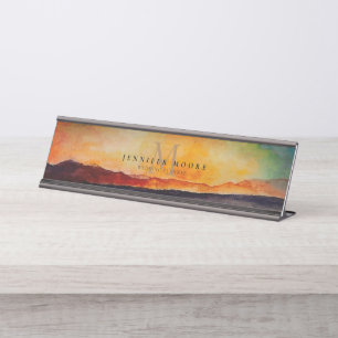Porte-nom Pour Bureau Aquarelle artistique Paysage montagnard Monogramme