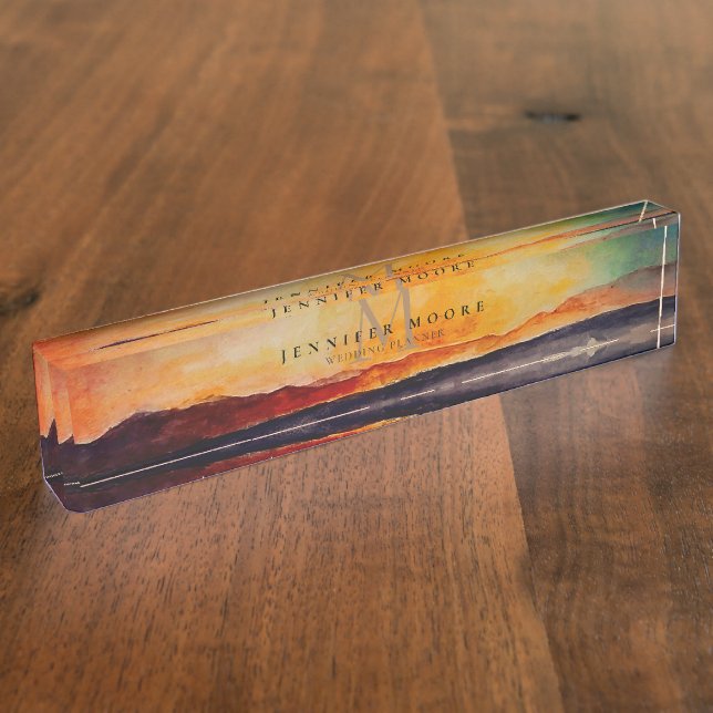 Porte-nom Pour Bureau Aquarelle artistique Paysage montagnard Monogramme (Taille)