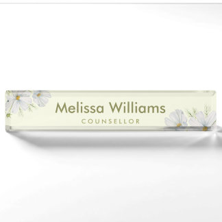 Porte-nom Pour Bureau Aquarelle Blanc Cosmos Fleurs Peinture Botanique