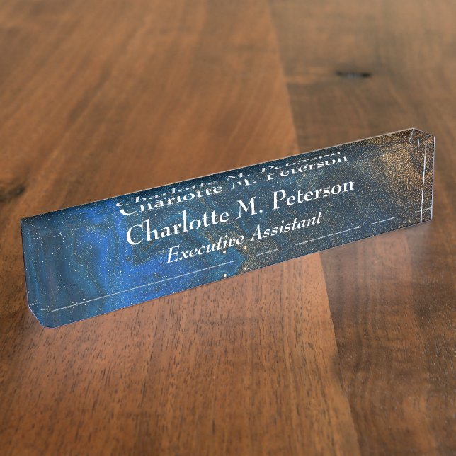 Porte-nom Pour Bureau Aquarelle bleu marine moderne et or (Taille)