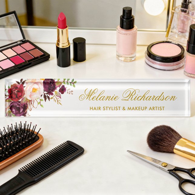 Porte-nom Pour Bureau Aquarelle Bourgogne Floral Or (Customize to change text size, style or text color.)