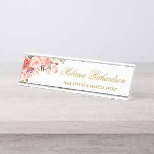 Porte-nom Pour Bureau Aquarelle Coral Floral Gold Nom Plate