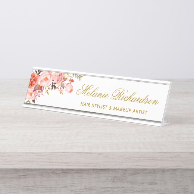 Porte-nom Pour Bureau Aquarelle Coral Floral Gold Nom Plate (Devant)