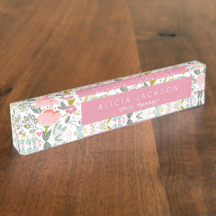 Porte-nom Pour Bureau Aquarelle Floral Coral Rose Boutique Manager