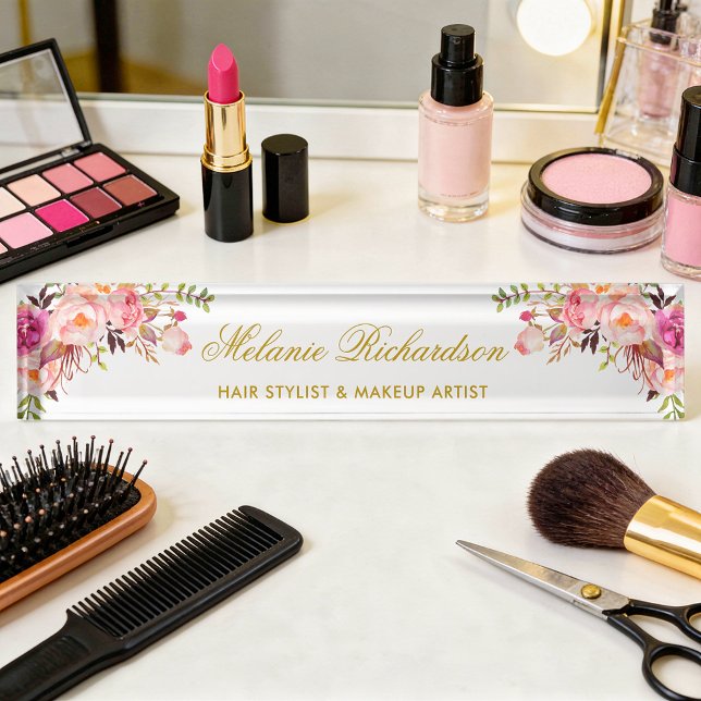 Porte-nom Pour Bureau Aquarelle Floral Rose Blush Or (Customize to change text size, style or text color.)