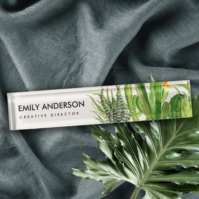 PORTE-NOM POUR BUREAU AQUARELLE FLORALE DE JARDIN DE CACTUS MODERNE DE (Créateur téléchargé)