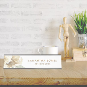 Porte-nom Pour Bureau Aquarelle florale minimaliste moderne Peonie blanc