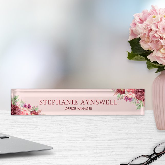 Porte-nom Pour Bureau Aquarelle florale moderne Bourgogne (Créateur téléchargé)