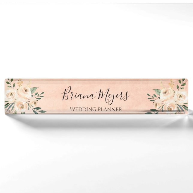Porte-nom Pour Bureau Aquarelle Hydrangeas Modernes Rose Pêche Affaires  (Devant)