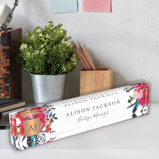 Porte-nom Pour Bureau Aquarelle marine rouge floral or cuivre monogrammé (Créateur téléchargé)